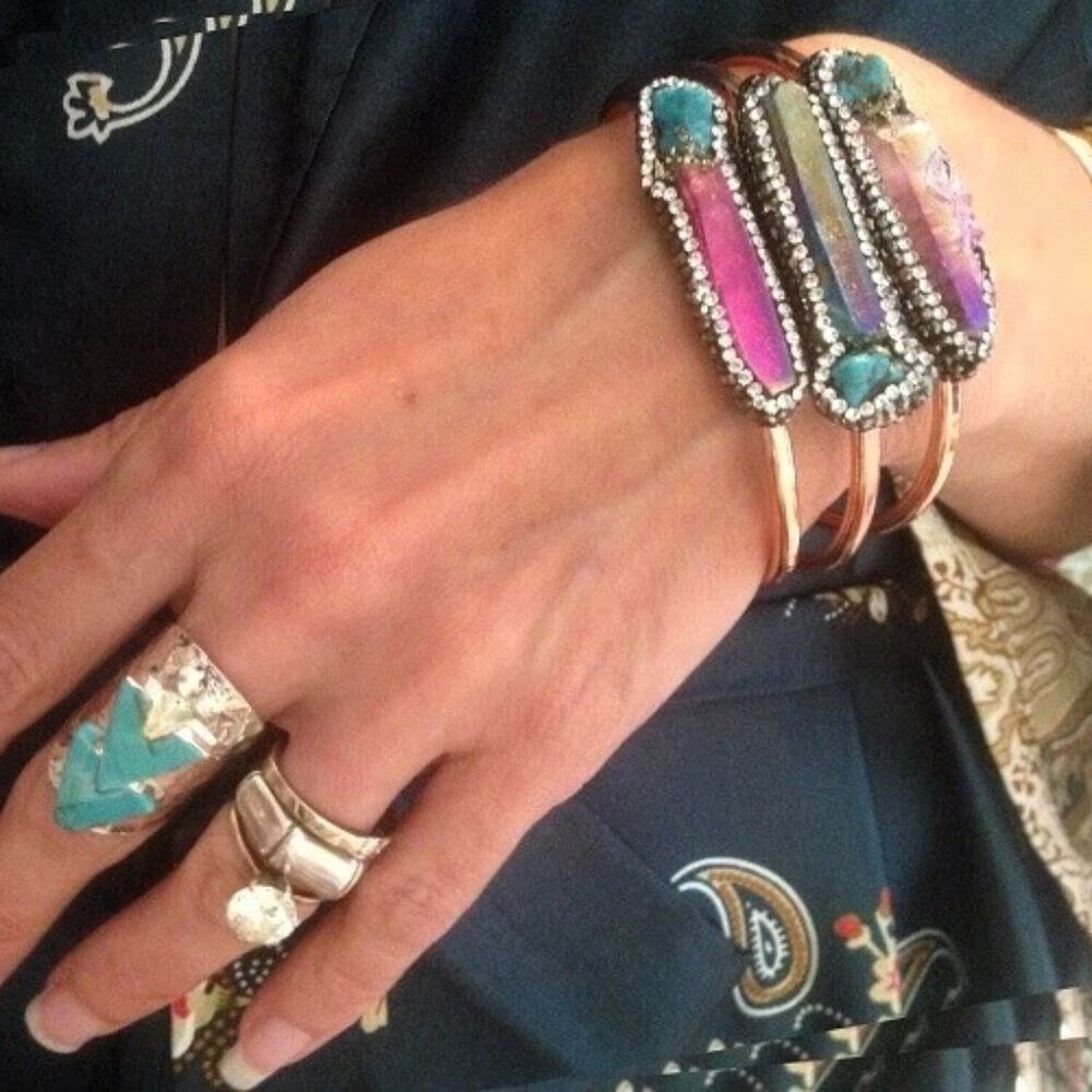 Raw Rainbow Aura Crystal Quartz Point + Turquoise Bangle - Picture 2 of 3